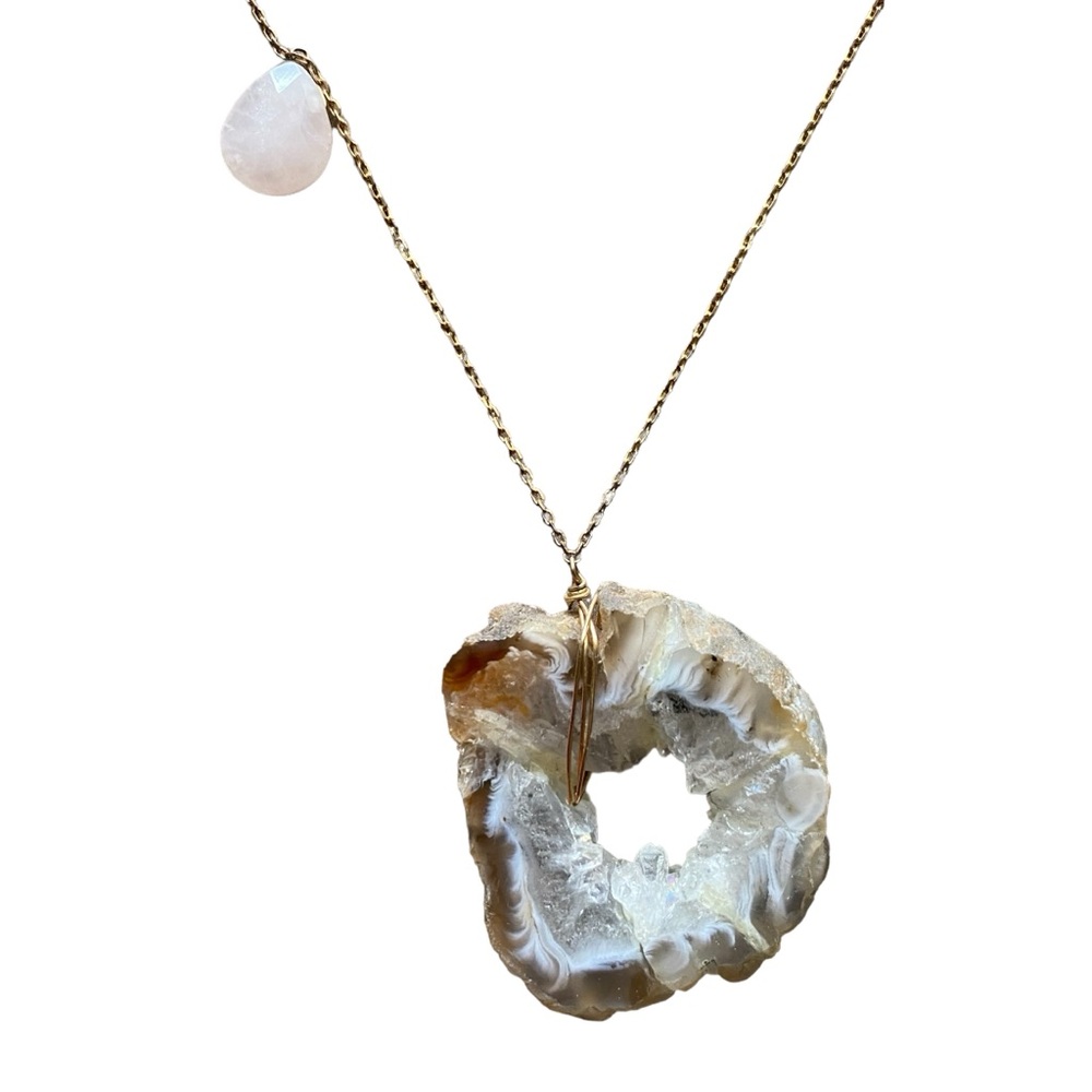 Geode Slice With Rose Quartz Charm Necklace